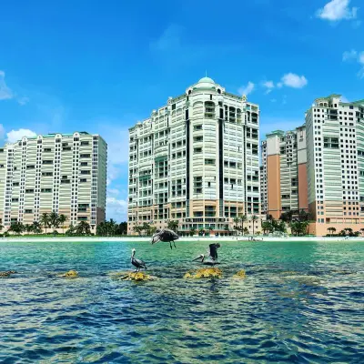 a large body of water with a city in the background